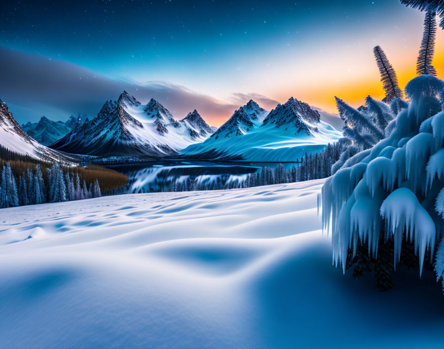 Snowy Twilight Landscape with Starry Sky, Snow-Covered Trees, and Mountain Range