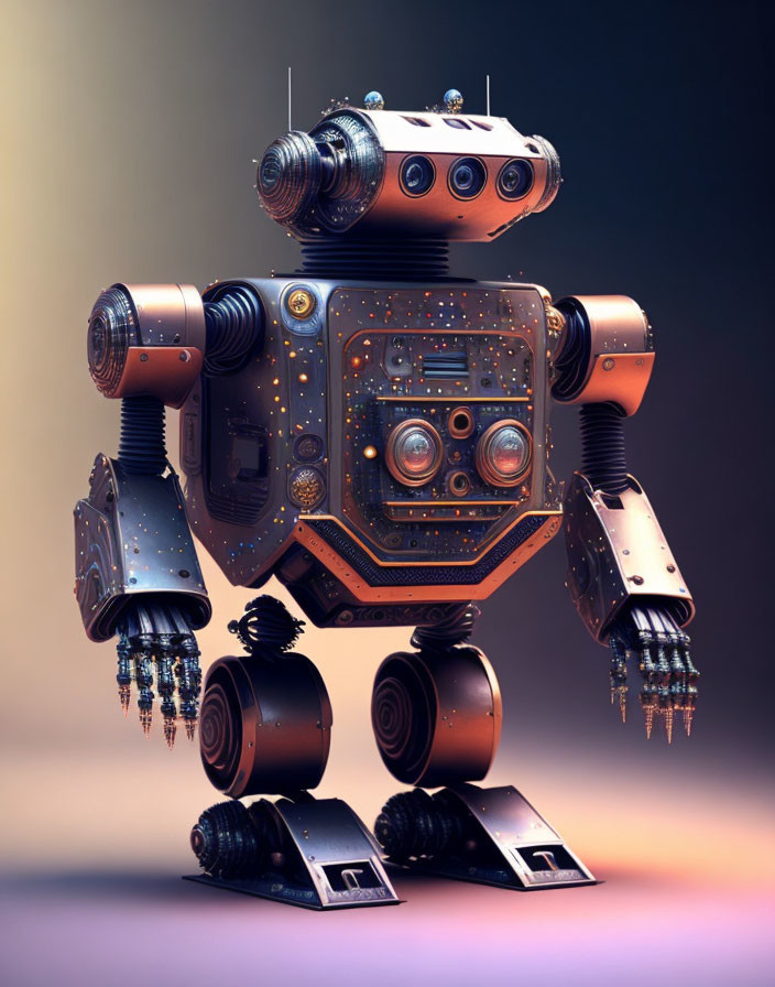 Detailed Illustration of Futuristic Robot with Square Body, Cylindrical Limbs, and Bronze Finish