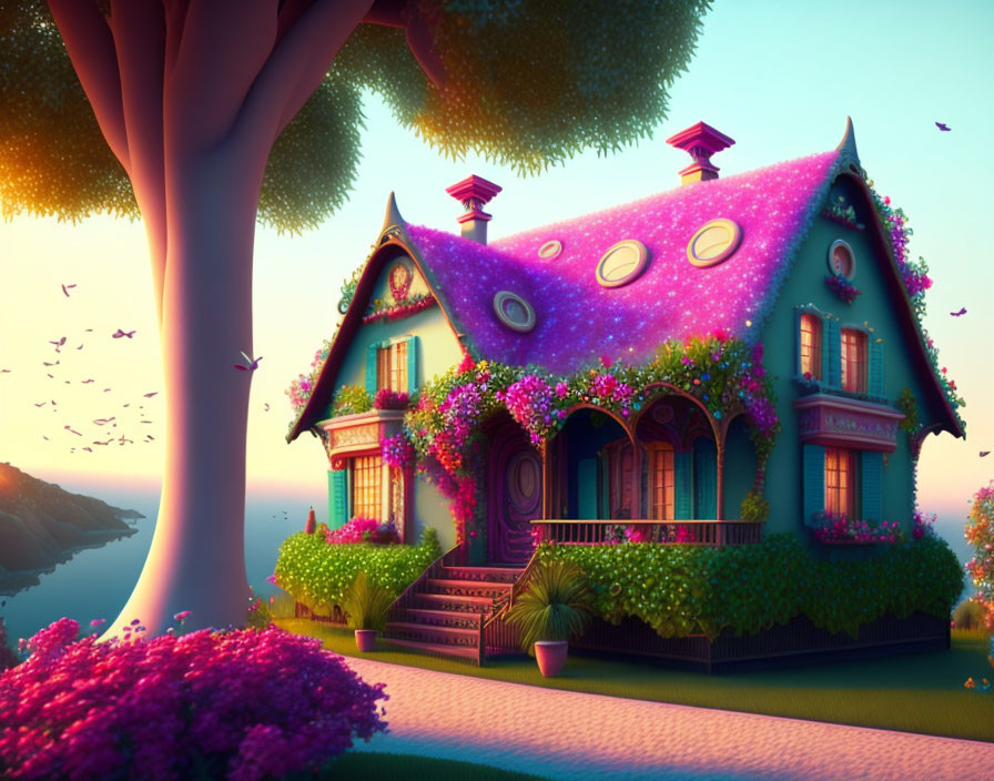 Animated cottage with violet roof in sunset garden scene