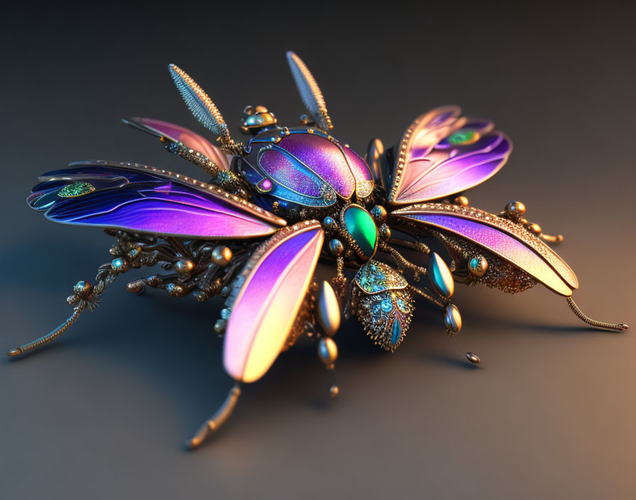 Colorful digital artwork: stylized insect with iridescent wings in purple, blue, and gold