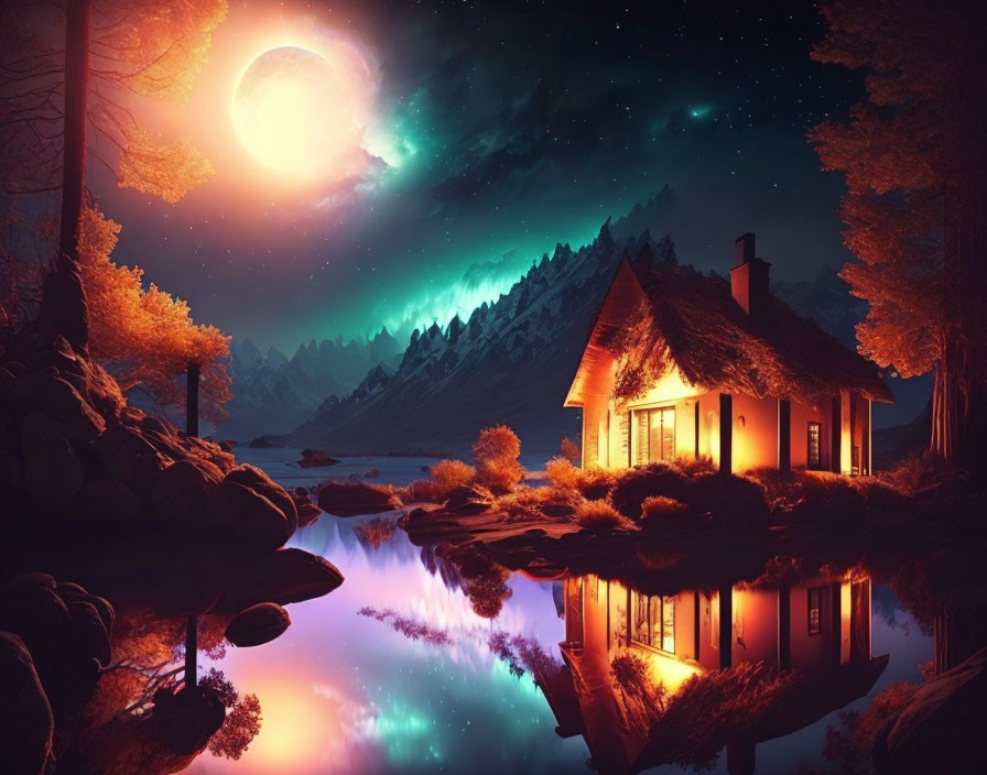 Tranquil lake with cozy cottage, starry sky, bright moon, and aurora