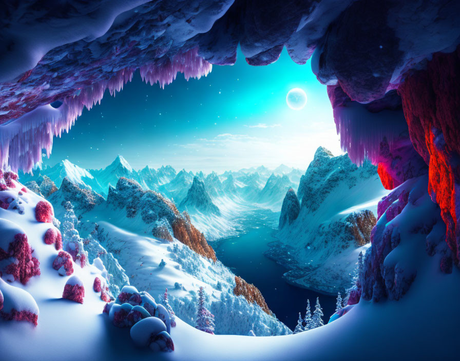 Snowy mountains, moonlit sky, and serene lake in vibrant winter cave scene