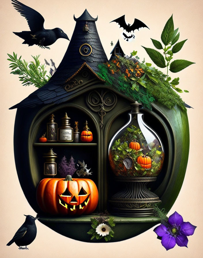 Whimsical Halloween-themed illustration with pumpkin, bats, ravens, potions, and cloche.