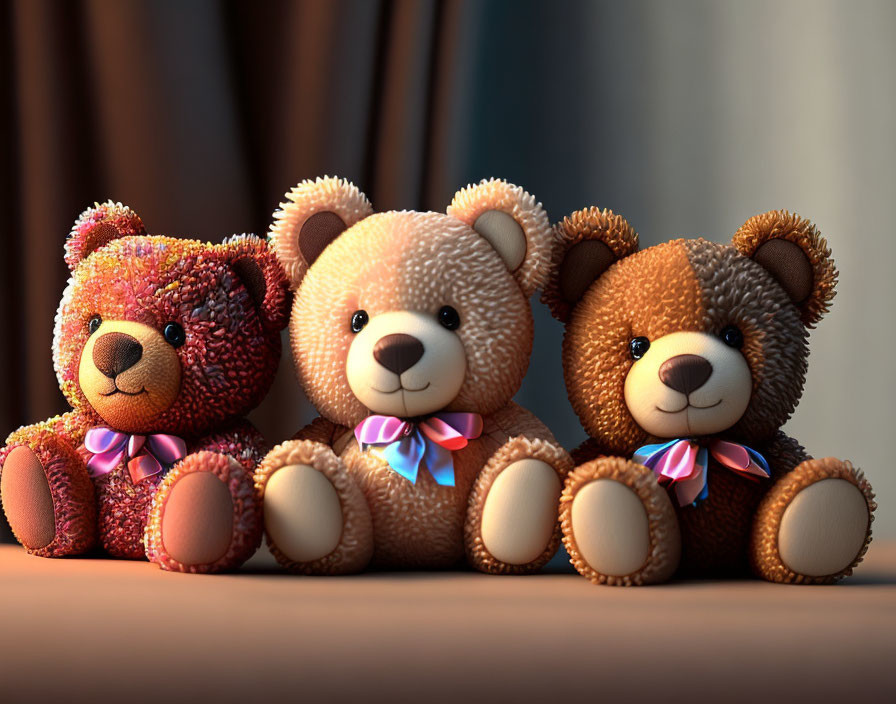 Three plush teddy bears with bows under soft light and curtain backdrop