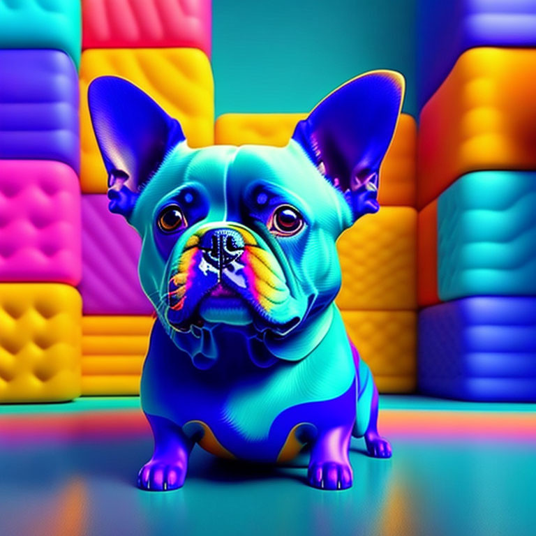 Colorful Digital Artwork: French Bulldog in Neon Blue and Purple Hues on Rainbow Cushions