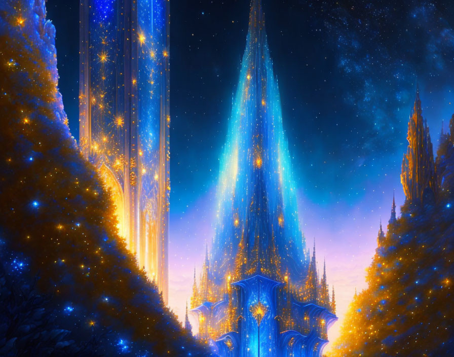 Fantastical crystal-like castle illuminated at night