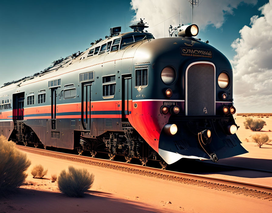 Blue and Red Retro Diesel Locomotive in Desert Landscape