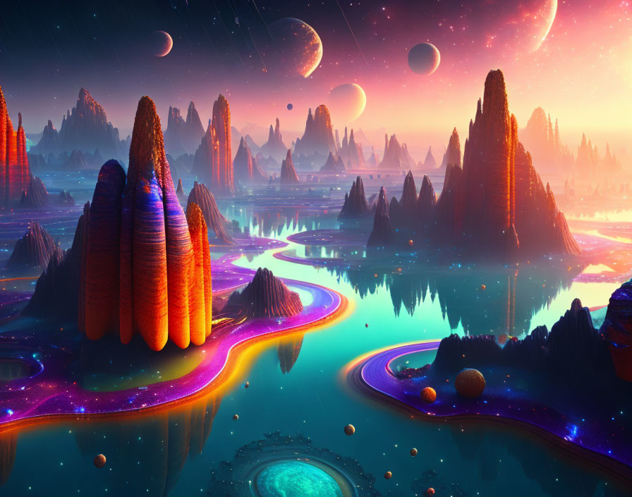 Colorful Alien Landscape with Moons & Starry Sky