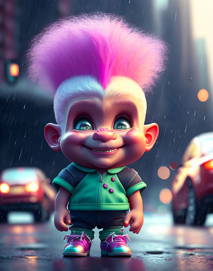 Colorful 3D-rendered troll in urban setting with pink hair and purple sneakers