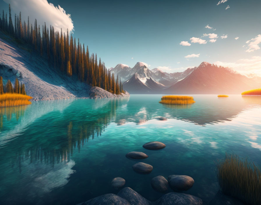 Tranquil Lake Reflecting Mountain Range at Sunset