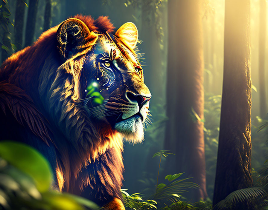 Majestic lion with vibrant mane in lush forest landscape