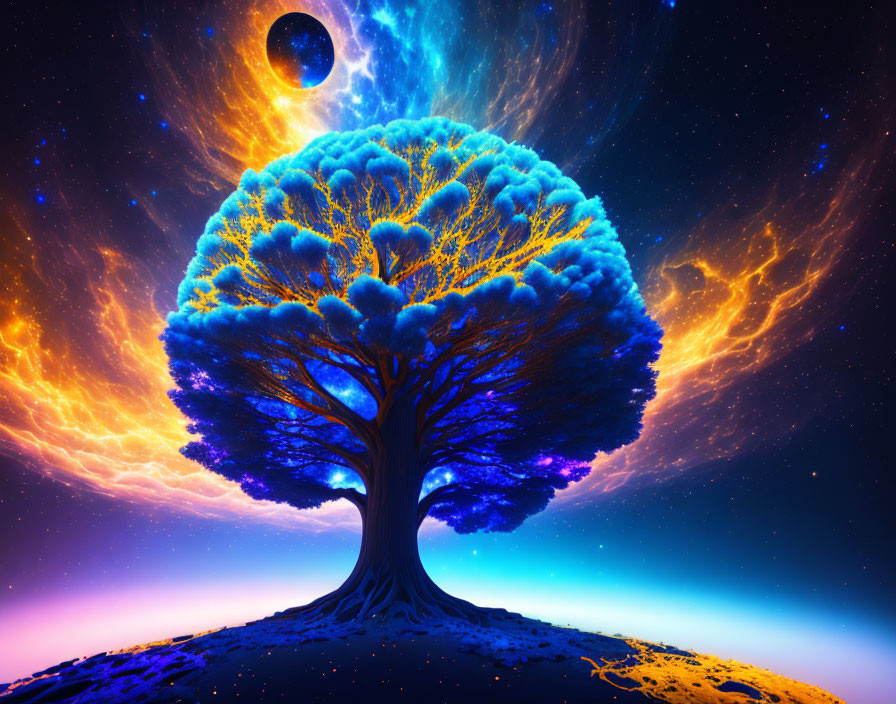 Majestic tree with glowing blue foliage under starry sky