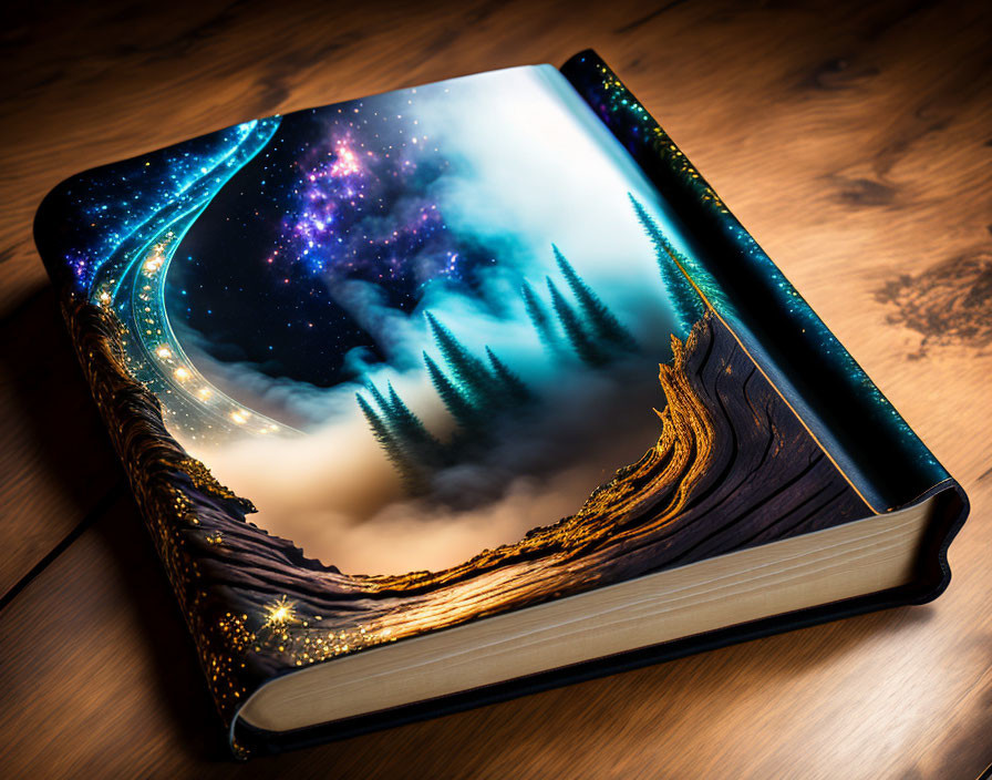 Open Book Revealing Magical Landscape Transitioning from Dark Forest to Starry Sky