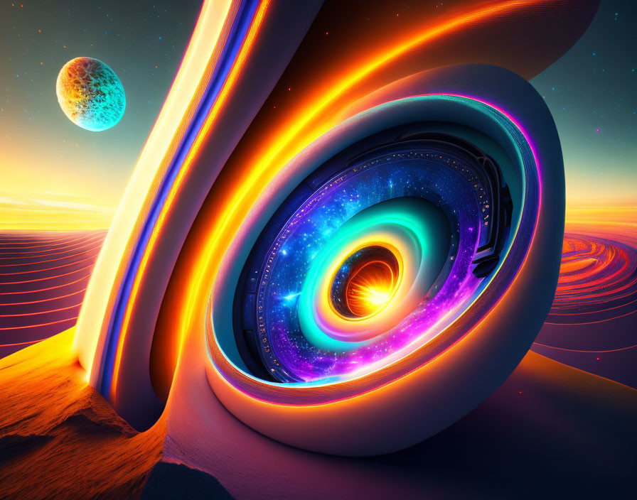 Vibrant digital artwork of surreal cosmic landscape