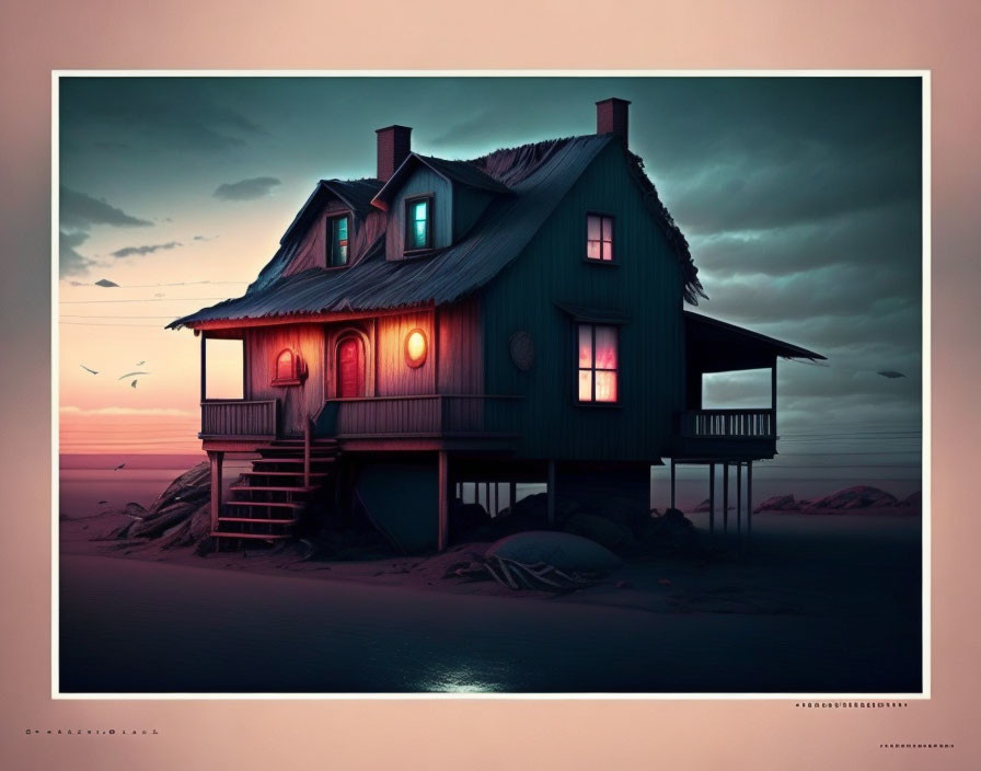 Serene ocean backdrop with twilight hues and solitary house on stilts