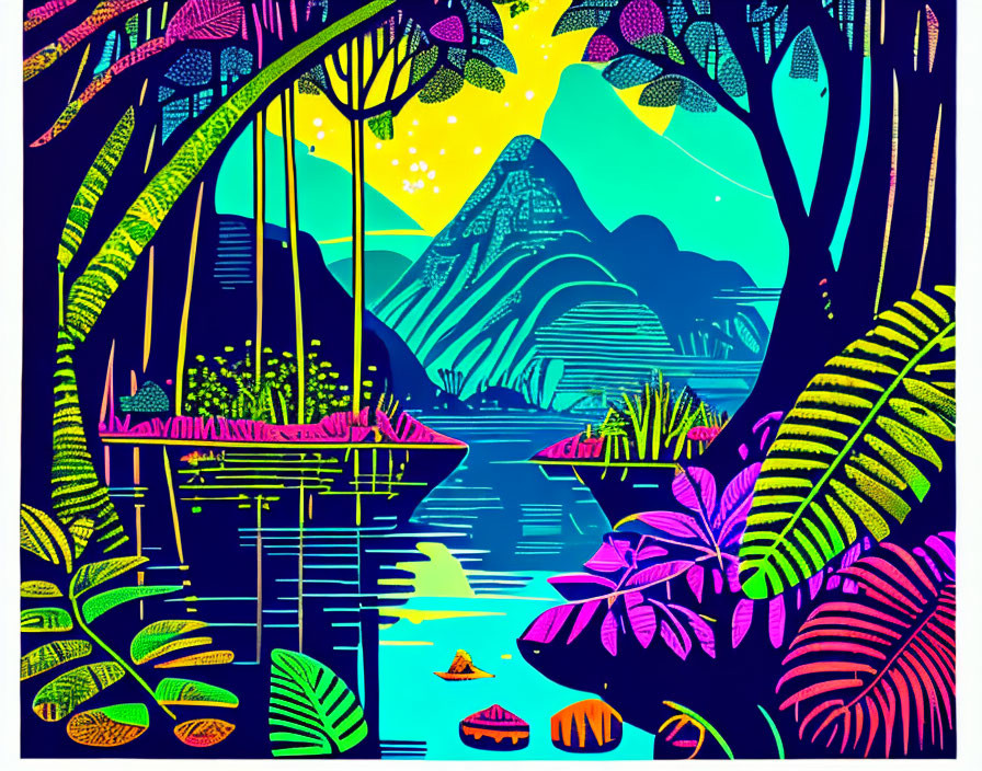 Colorful Tropical Landscape with Mountains, Lake, Boats, and Flora