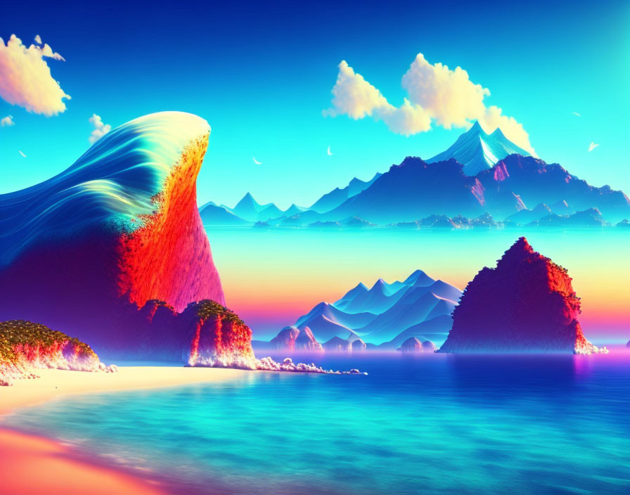 Colorful Mountains and Glowing Sky Over Serene Beach at Sunset/Sunrise