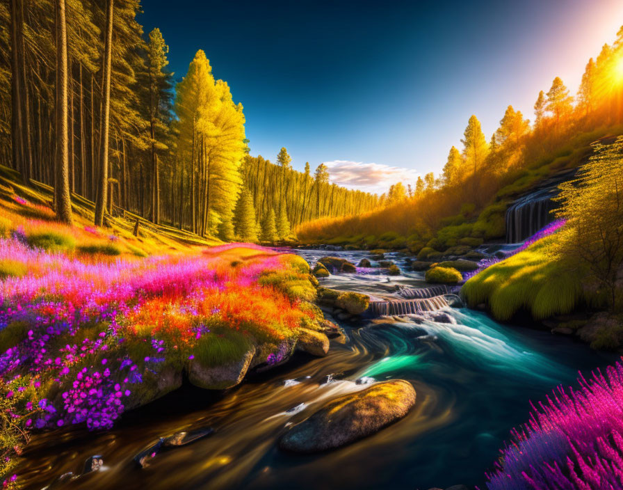 Scenic landscape with river, flowers, waterfall, and sunset