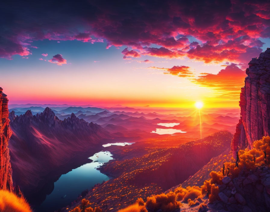 Scenic sunrise over rugged mountain landscape