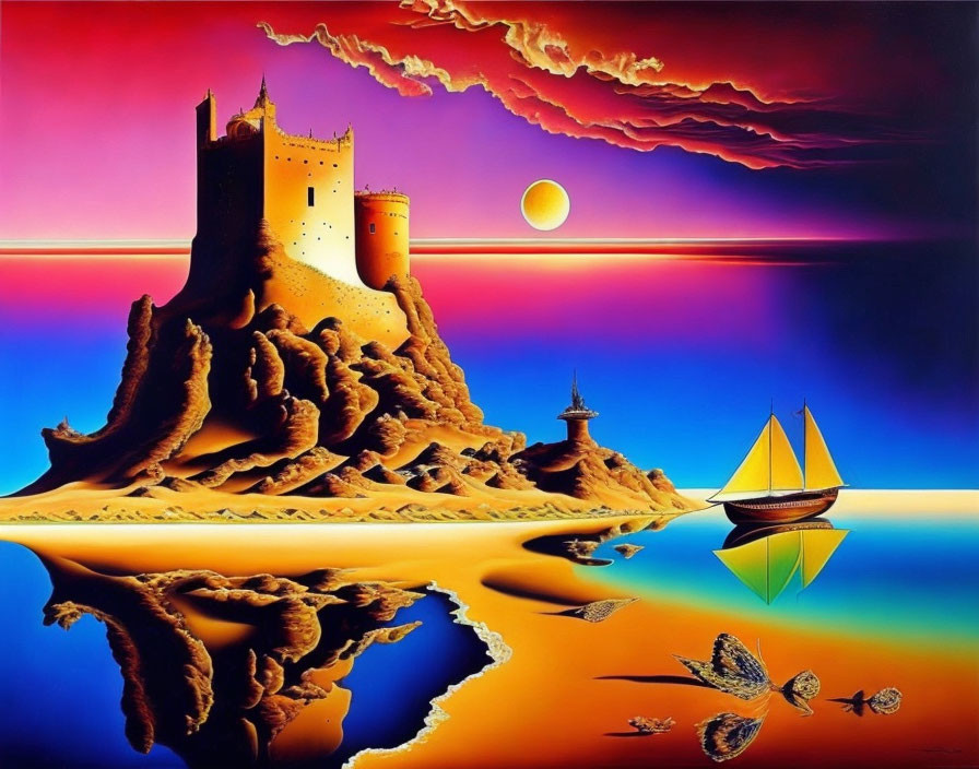 Sandstone castle, sailing boat, colorful sky, turtles in tranquil waters