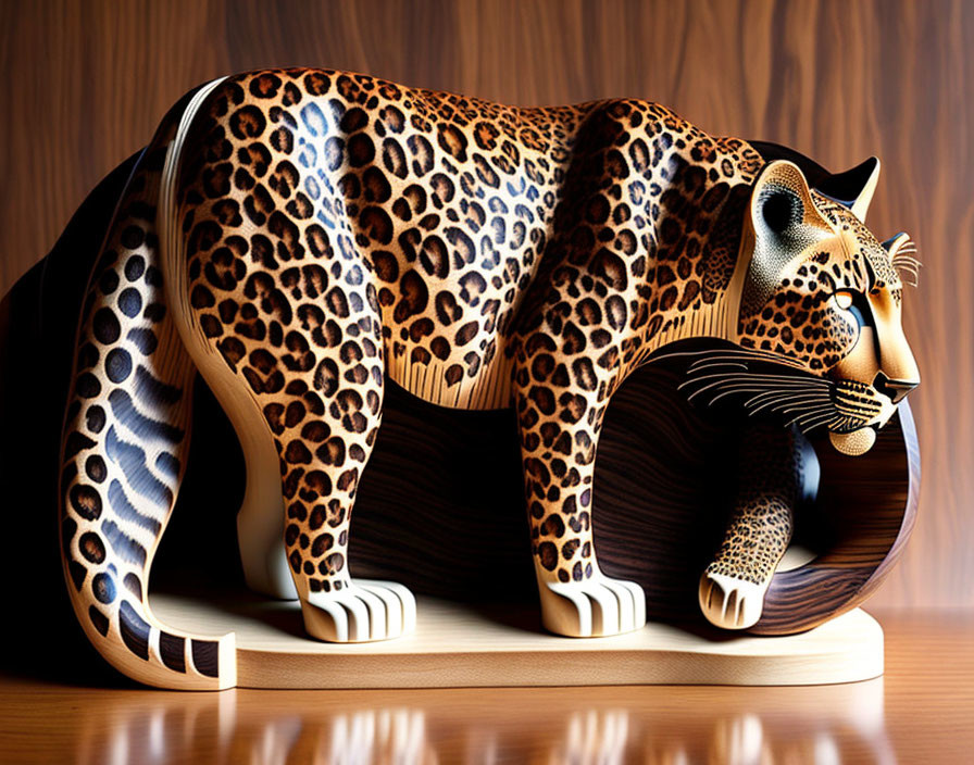 Realistic Wooden Leopard Sculpture on Wooden Background