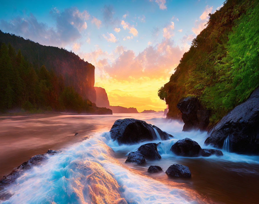 Tranquil river sunset with cascading waters and lush greenery