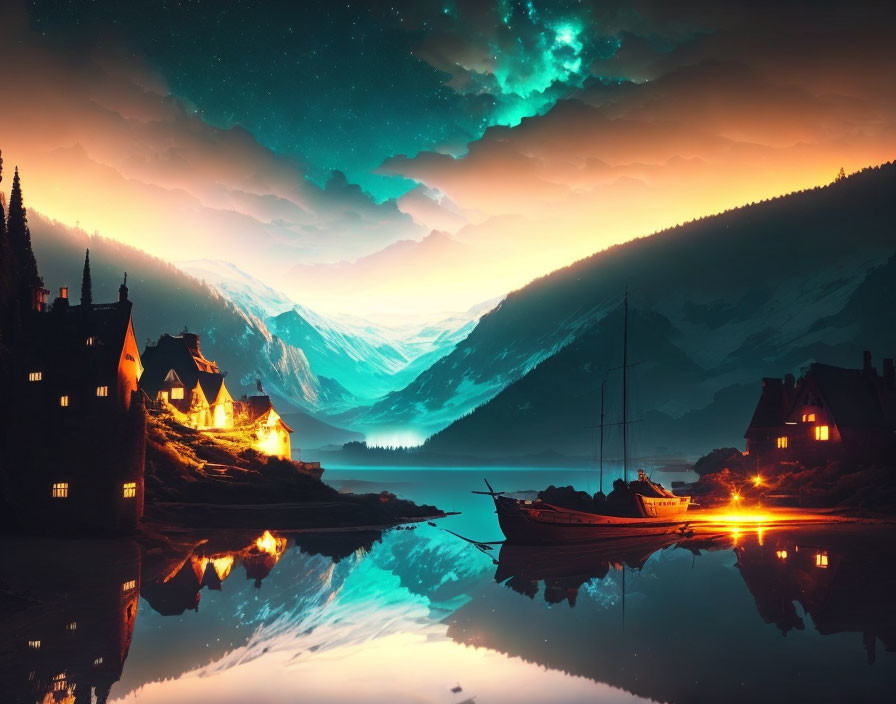 Scenic night view of illuminated village by lake, boat, mountains, starlit sky