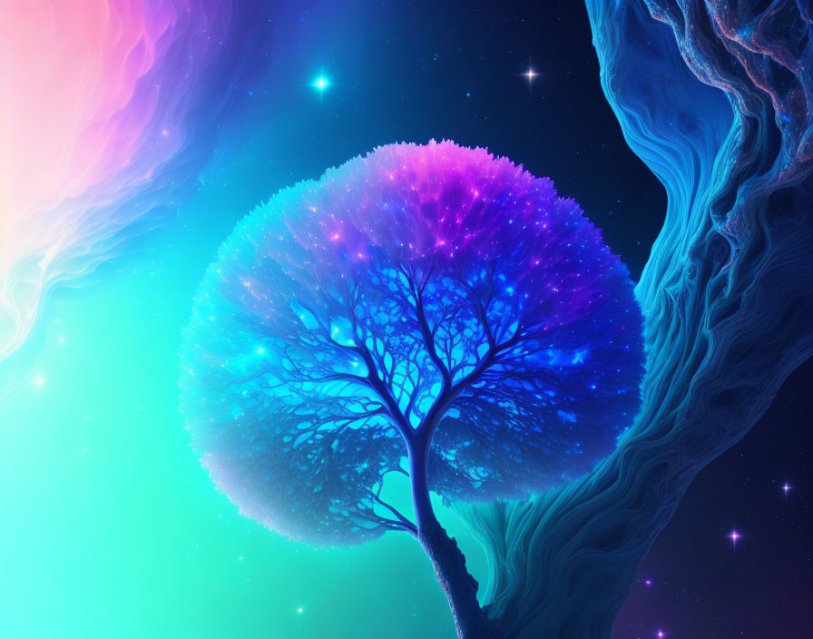 Colorful tree digital art against cosmic backdrop