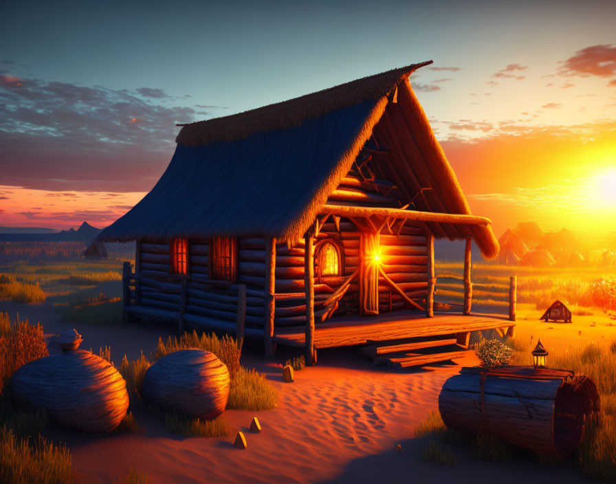 Thatched roof log cabin at sunset with open door and hay bales