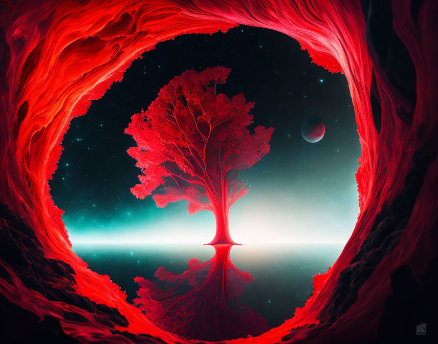 Surreal red tree in crimson portal with cosmic horizon