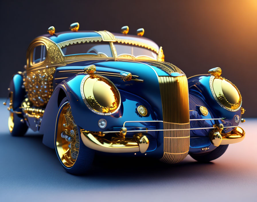 Luxurious car with gold accents on blue and orange background