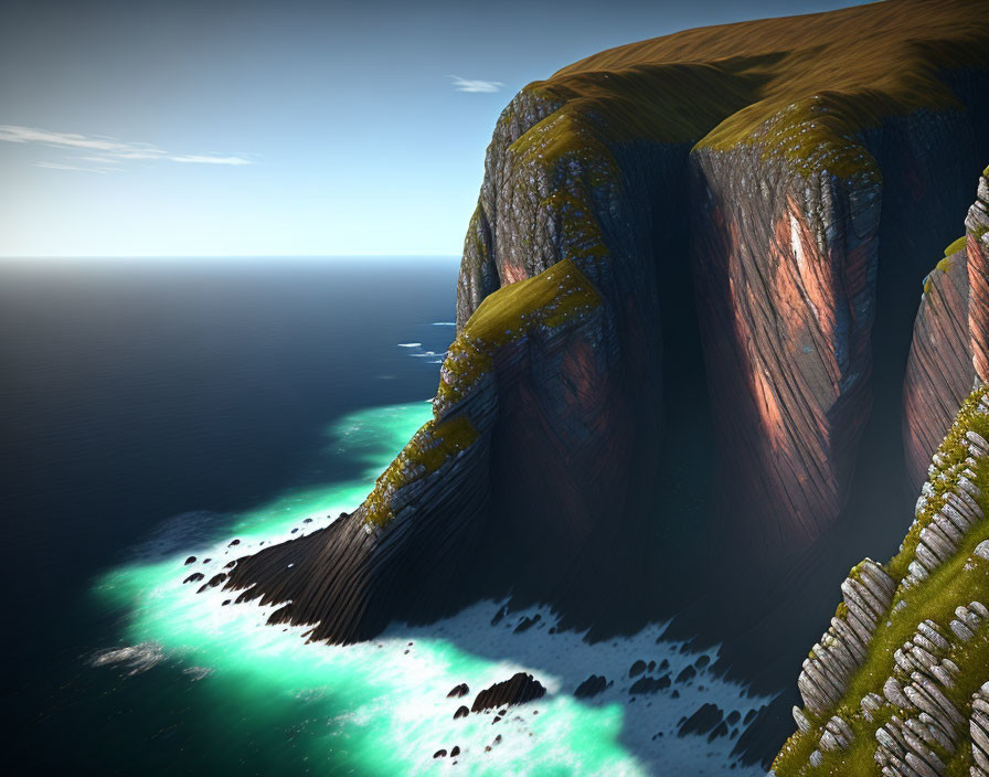 3D-rendered dramatic cliff overlooking calm blue sea