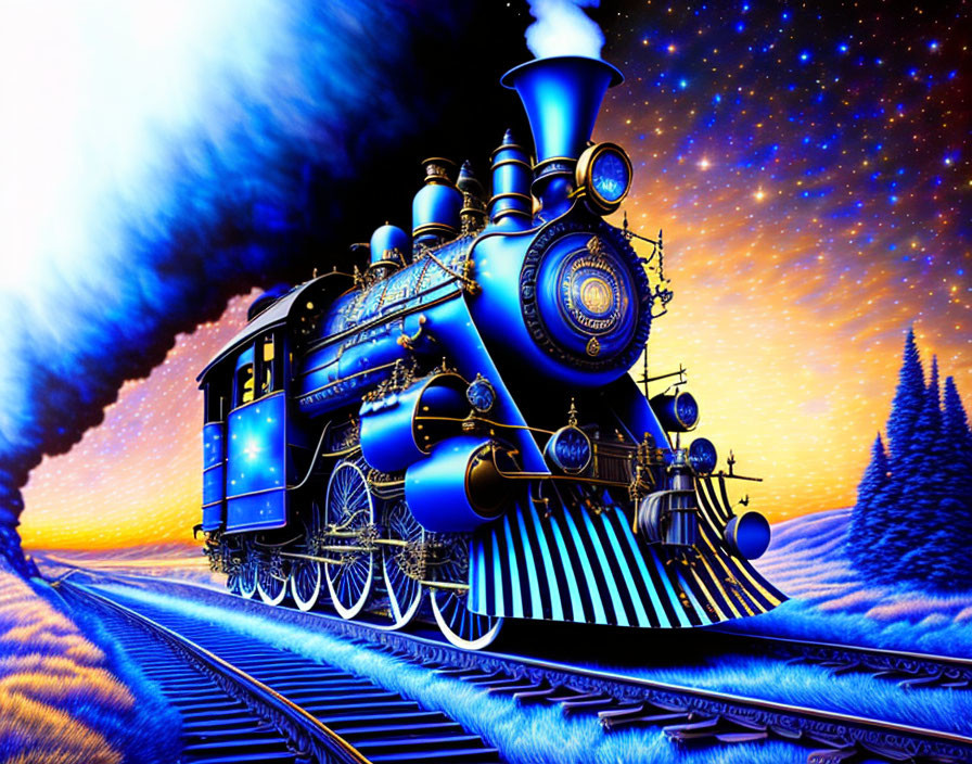 Vibrant blue steam train on snowy tracks under starry sky