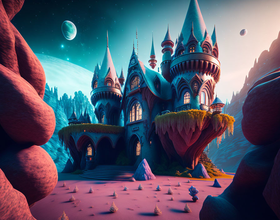 Whimsical fairytale castle on floating landmass with alien sky