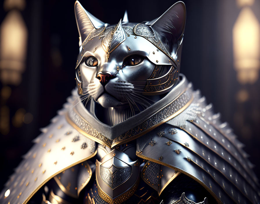 Detailed digital artwork: Armored cat in medieval metal armor, regal pose with glowing lights backdrop.