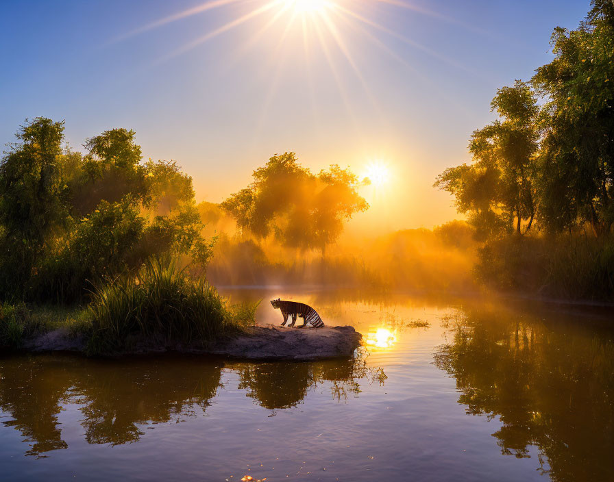 Tranquil sunrise landscape with golden river reflections and wild cat on misty island