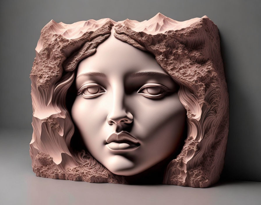 Intricate 3D woman's face sculpture from stone block