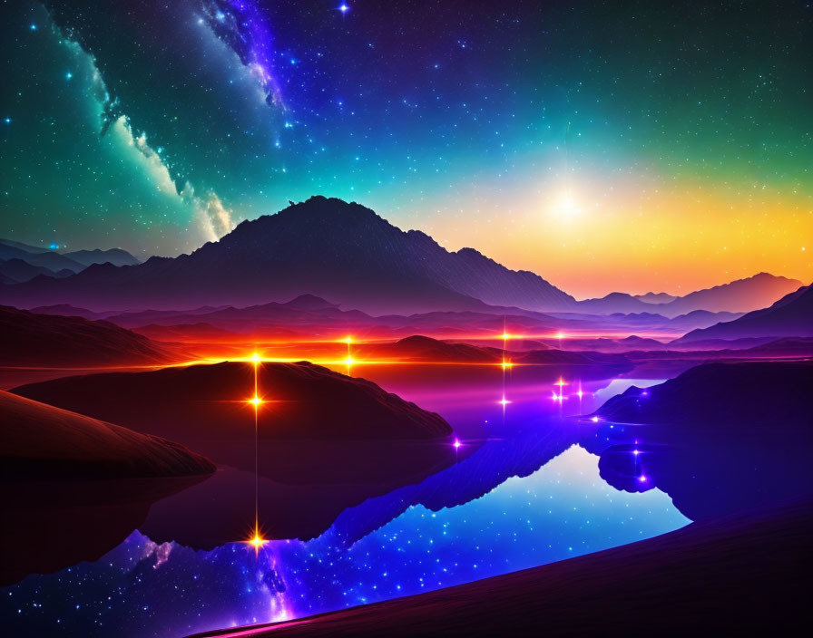 Starry nightscape with neon crosses, mountains, and colorful sky