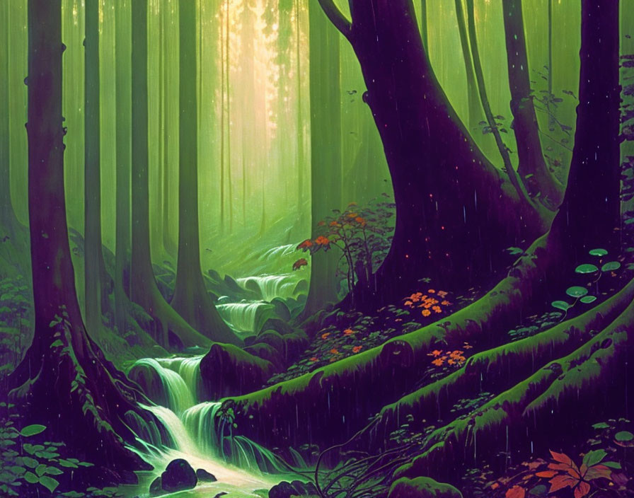 Enchanting forest scene with sunrays, greenery, stream, and flowers