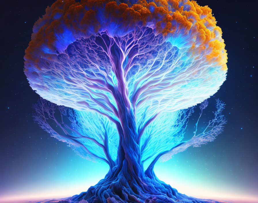 Colorful digital artwork: Fantastical tree with neon blue branches and glowing orange foliage under starry