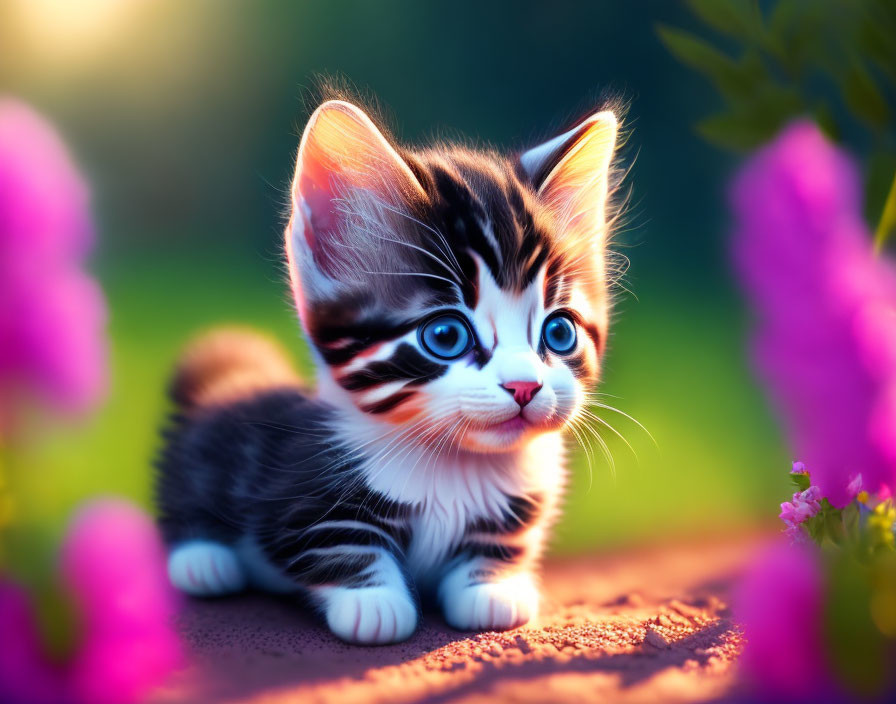 Fluffy tabby kitten with blue eyes in pink flower garden