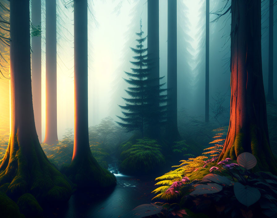 Mystical forest with towering trees, small stream, lush greenery, sunlight filtering.