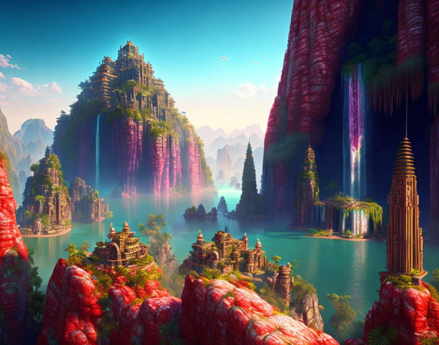 Majestic fantasy landscape with waterfalls, temples, and mystical city.