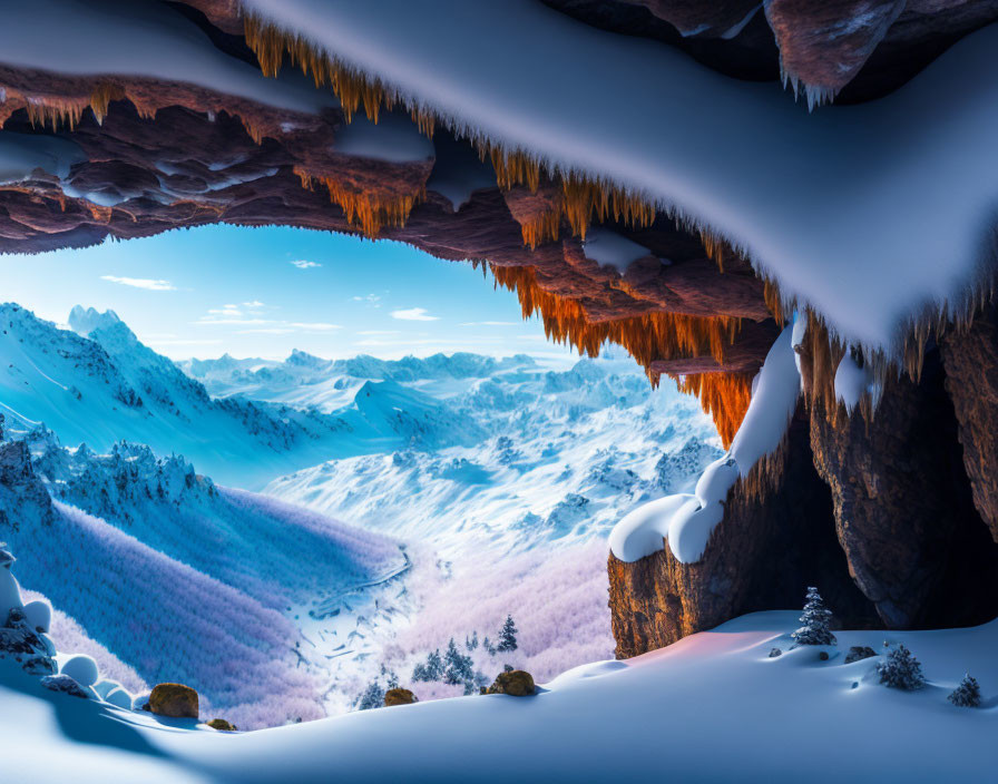 Snowy Valley Landscape with Icicles in Cave