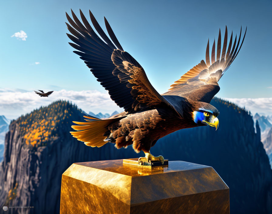 Eagle spreading wings on pedestal with mountain backdrop