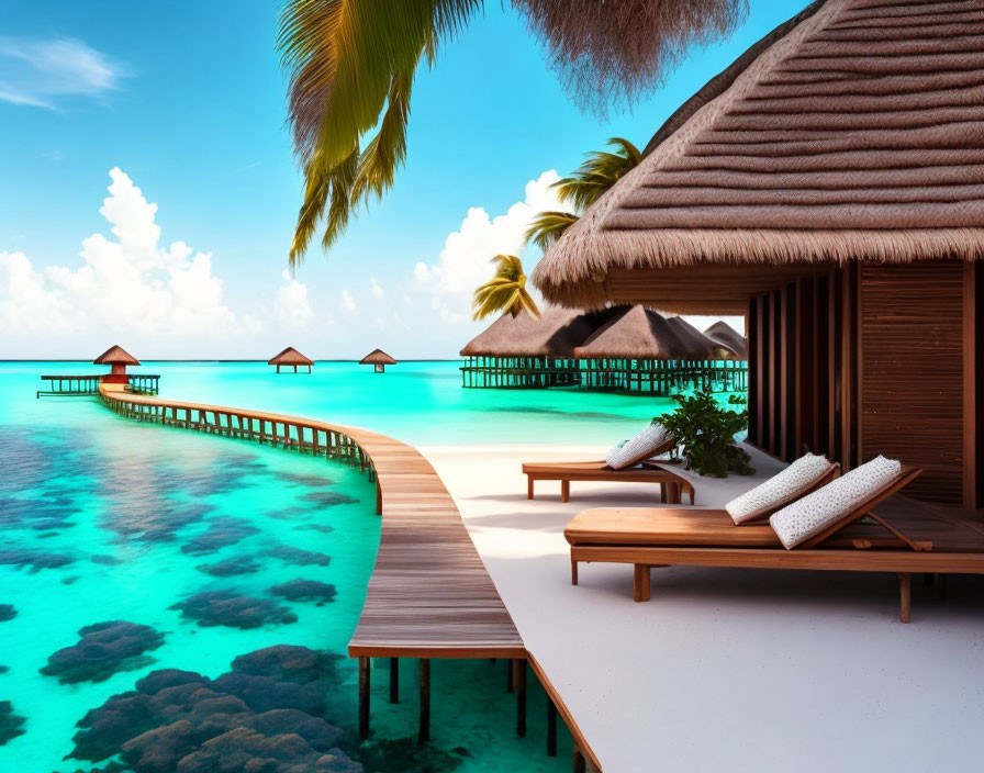 Luxurious Tropical Beach Resort with Overwater Bungalows and Clear Blue Water