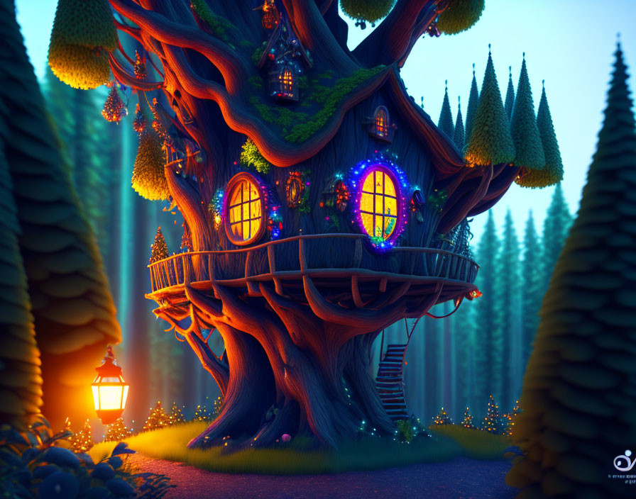 Glowing treehouse in magical forest with luminous plants at dusk