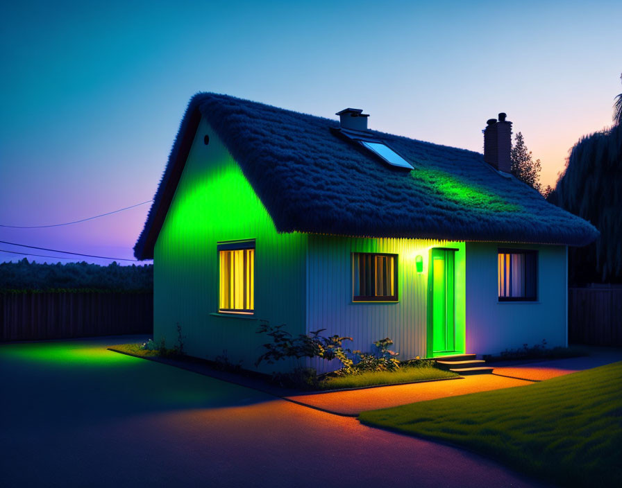 Twilight scene of small house with green and yellow lights