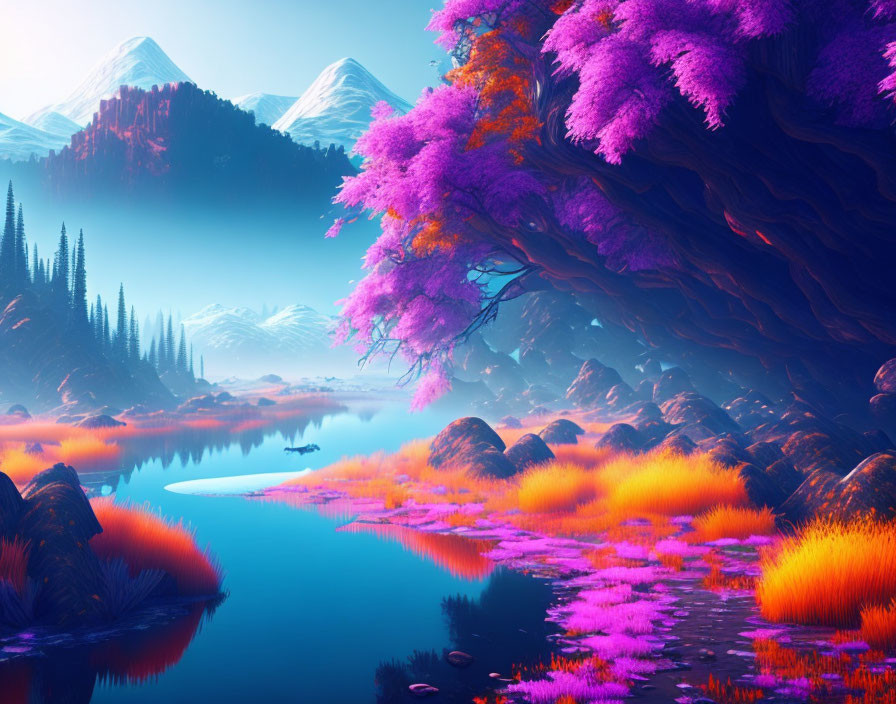 Colorful Fantasy Landscape: Purple Foliage, Orange Grass, River, Snow-capped Mountains