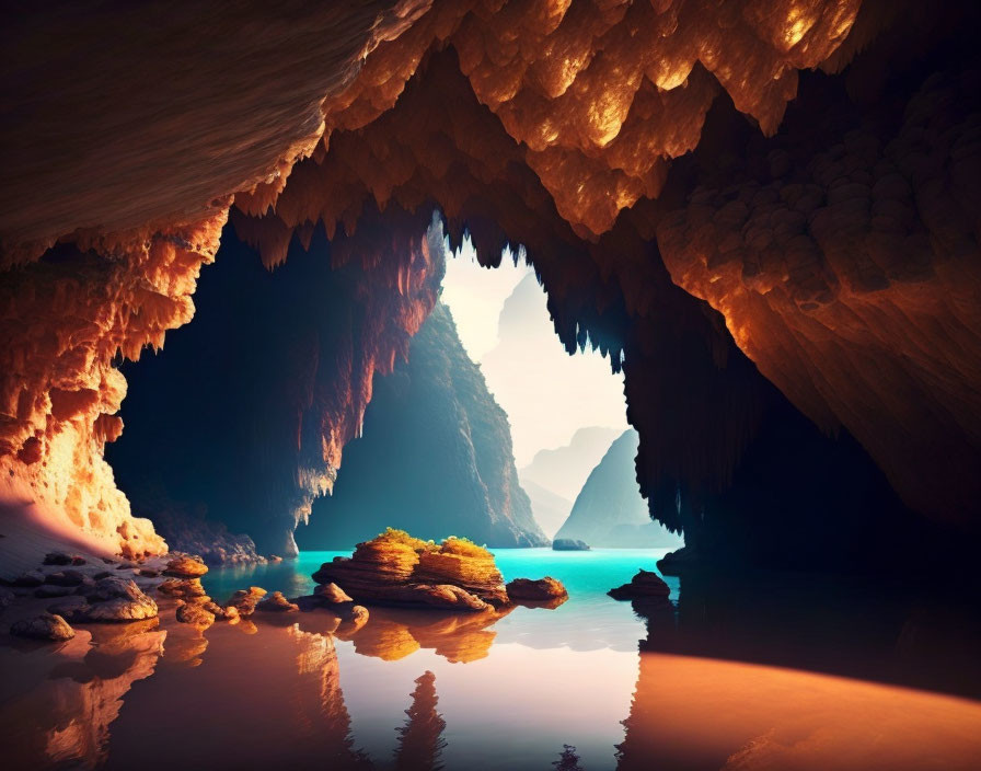 Serene cave with sunlight, water surface, textured ceiling, and rocky outcrop